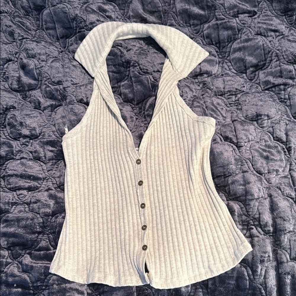 Project Social T Cream Sleeveless Ribbed Button Down Top